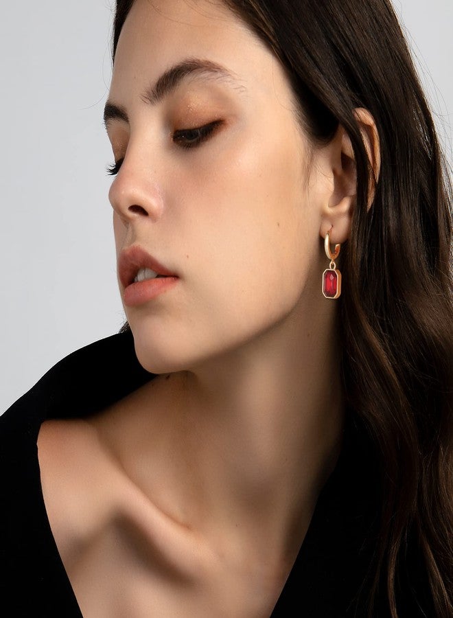 Lourny Birthstone Crystal Dangle Drop Earrings, 18K Gold Plated Huggie Hoop Hypoallergenic Earring Jewelry Gifts for Women (Red) - Image 3